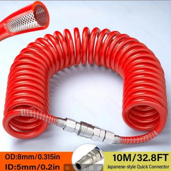 Air compressor hoses & accessories: 8mm high-pressure spring hose (15Bar, 5/10/15M). High-pressure PU yarn-wrapped, 3-layer poly