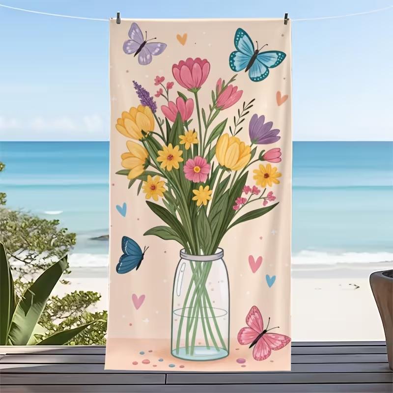 Vibrant Watercolor Floral Beach Towel Large Soft Absorbent Towel Hand-Painted Wildflower Print Quick-Dry Lightweight Towel