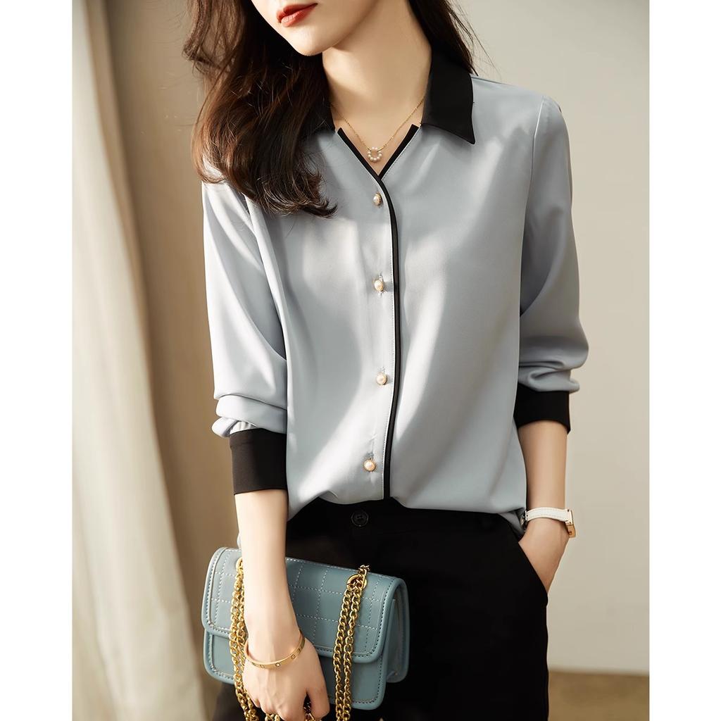 Retro Simple and Elegant POLO Collar Long-sleeved Shirt for Women In Autumn Slimming and Age-reducing Shirt Contrast Color