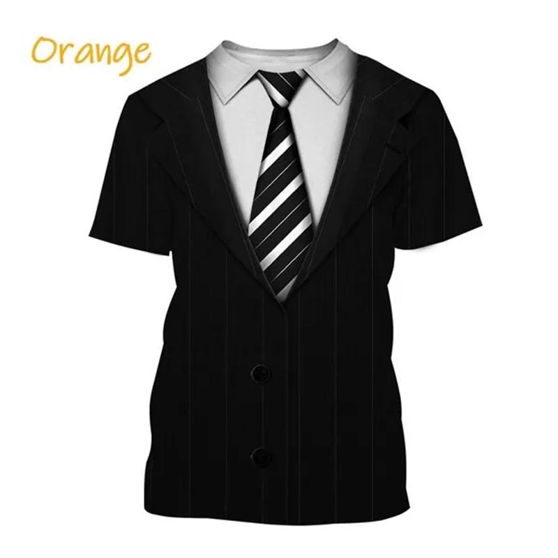 Summer Round Neck 3D Tuxedo Retro Tie Printed Top Fake Suit Tops Fashionable Casual Short Sleeved Men's T-shirts