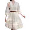 New French First Love Small White Dress Hollow V-neck White Lace Dress Women's Summer, Small Temperament Bubble
