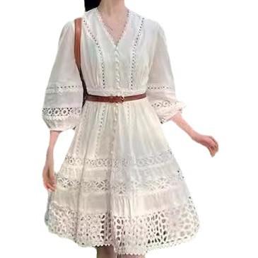 New French First Love Small White Dress Hollow V-neck White Lace Dress Women's Summer, Small Temperament Bubble