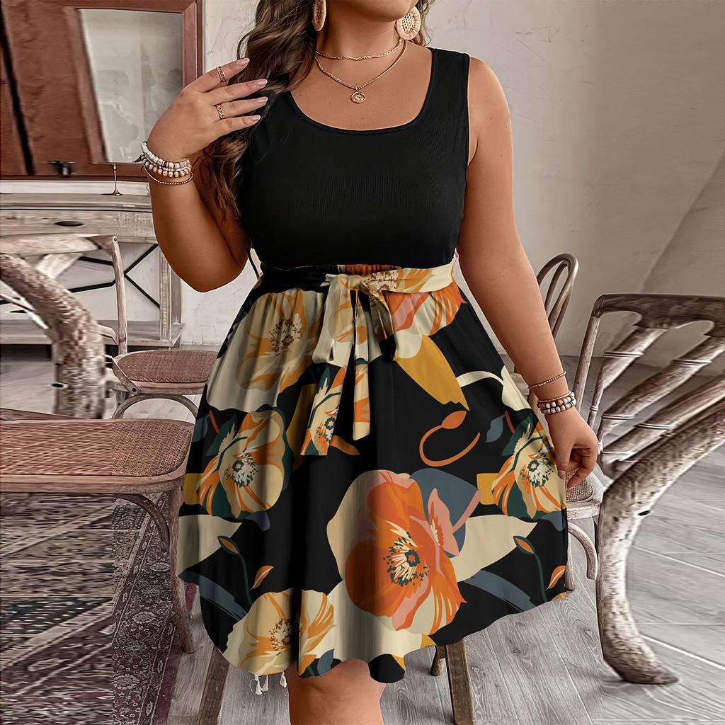 Women's Fashionable Casual Color Blocked Printed Sleeveless Waist Dress In Large Size