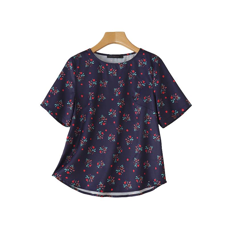 

ZANZEA Женская повседневная блузка с круглым вырезом, цветочным принтом и коротким рукавом L тёмно-синий