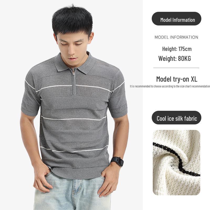 Men s Cross-Border Striped Half-Zip Knit Polo Shirt with Lapel XXXL хизер серый