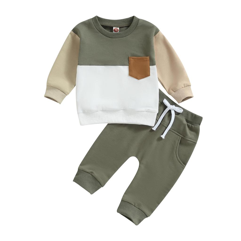 2-teiliger Trainingsanzug für Babys, Jungen, 6 Monate, 12 Monate, 18 Monate, 24 Monate, 3 Jahre, kontrastfarbenes Langarm-Sweatshirt und elastische Hose für Kleinkinder-Herbst-Outfits