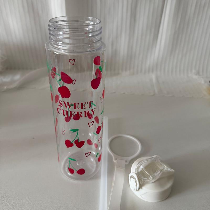 750Ml White Water Bottle Full Printed Cartoon Strawberry Bow Flower Fade Resistant Leakproof Reusable Stylish Cup For Sports