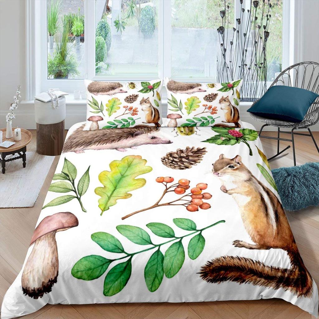 3D Squirrel King Queen Duvet Cover Lovely Animal Bedding Set For Kids Teens Adults Wildlife Green Leaves Soft 2/3pcs Quilt Cover