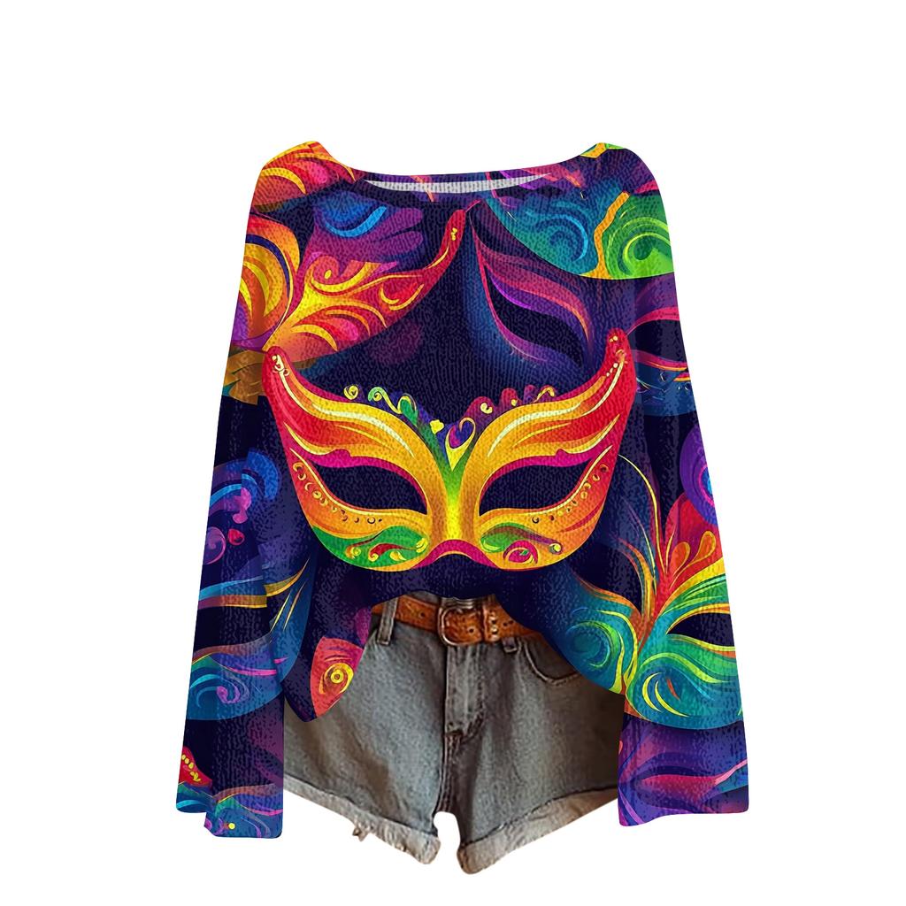 Damen Casual Mode Rundhals Oberteil Karneval Print Langarm Strickpullover
