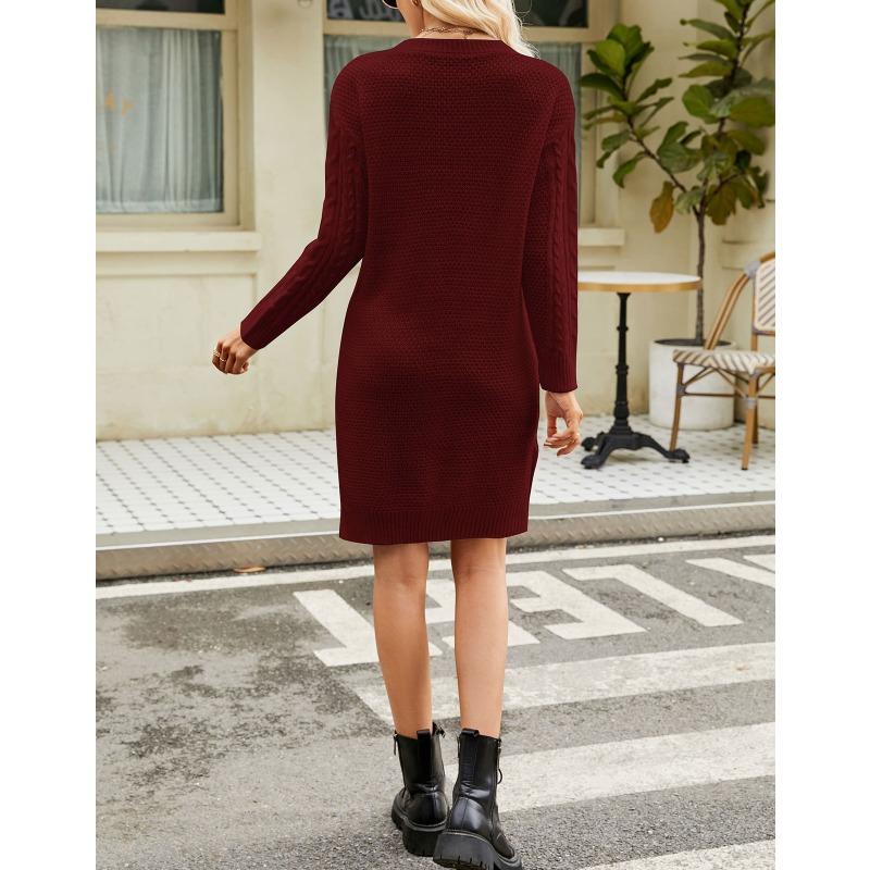 Women's Autumn/winter Twisted Flower Medium Length Solid Color Split Loose Pullover V-neck Sweater Dress