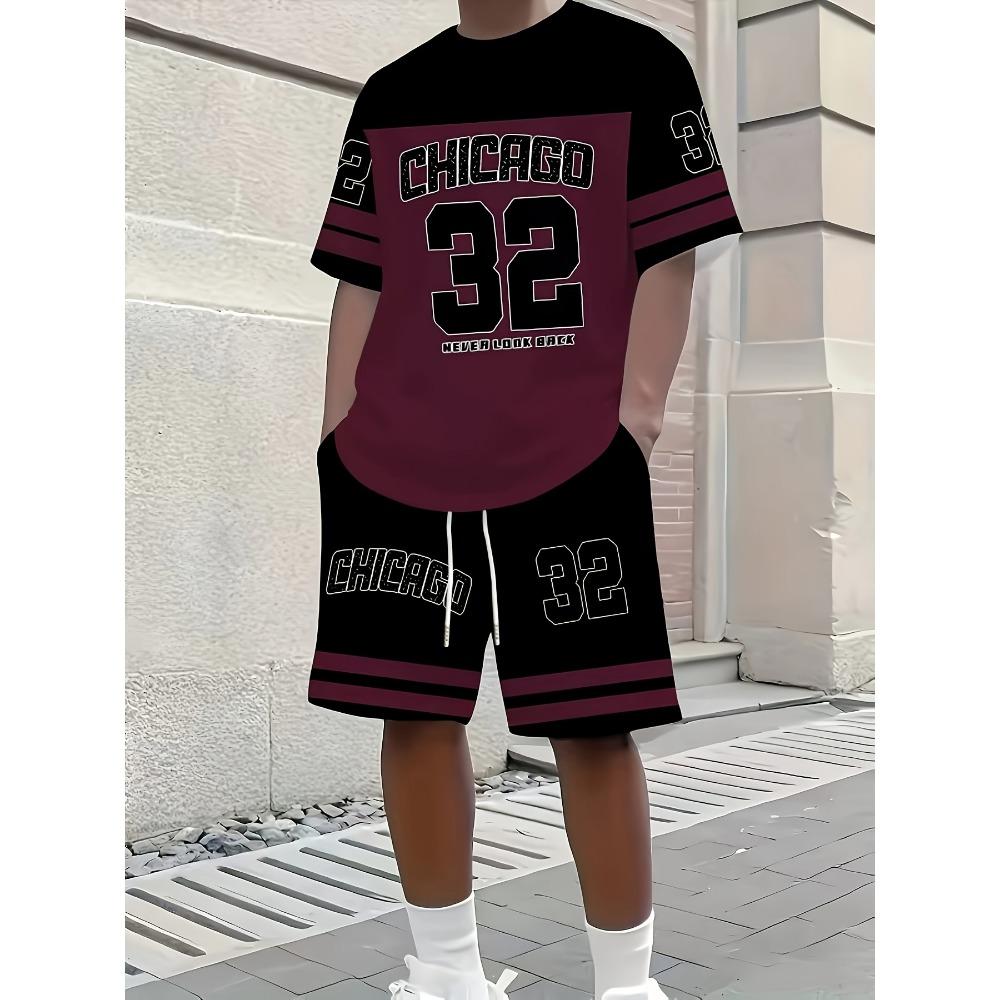 Men's color blocked T-shirt+shorts two-piece set