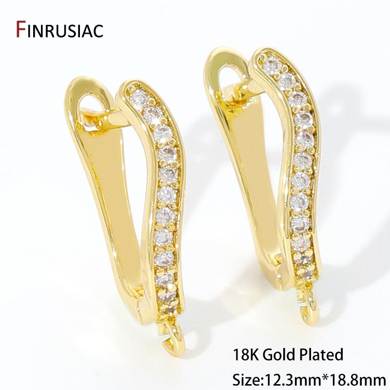 18K Gold Plated Brass Inlaid Zircon Crooked Earwires Earring Hooks Clasps Fastener For DIY Women Earring Making Accessories 1 pair