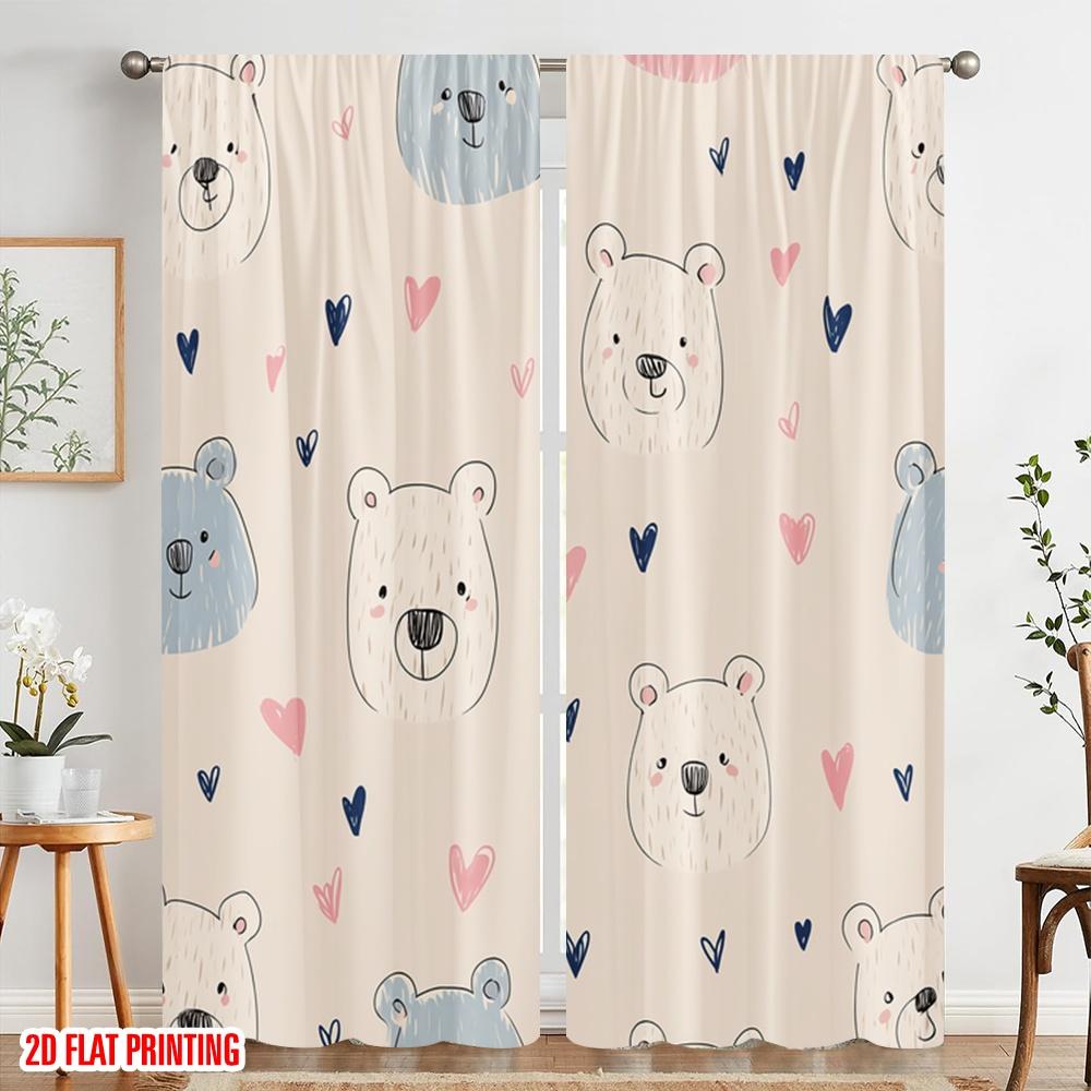 2pcs,2D Plane Printing Popular Curtain Panels Smiling Bears and Hearts Polyester (without Rod) Art Deco Festive Perfect for