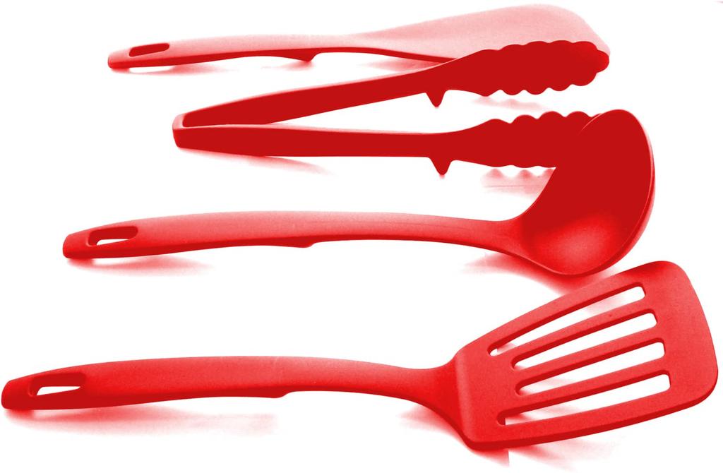 Nagao Kitchen Utensil Set and Made in Japan Tsubame-Sanjo (4 Pieces) Spatula, Ladle, Tongs, Spatula, Red,