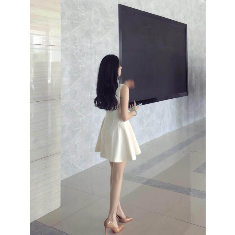 Women's Spring Summer Cream White Sleeveless Round Neck A-Line Mini Dress Elegant Casual Versatile Vacation Office Short Dress for Women