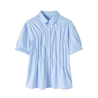 Women's NEOTCG Summer Blue Pleated Short Sleeve Shirt - New Design, Trendy, Loose Fit, High-End Casual Style