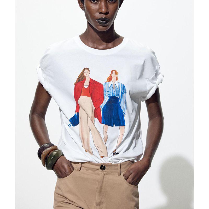 Spring and Summer New Women's Clothing French Straight Girl Print Cotton Casual Round Neck Short Sleeves T-shirt 5644193