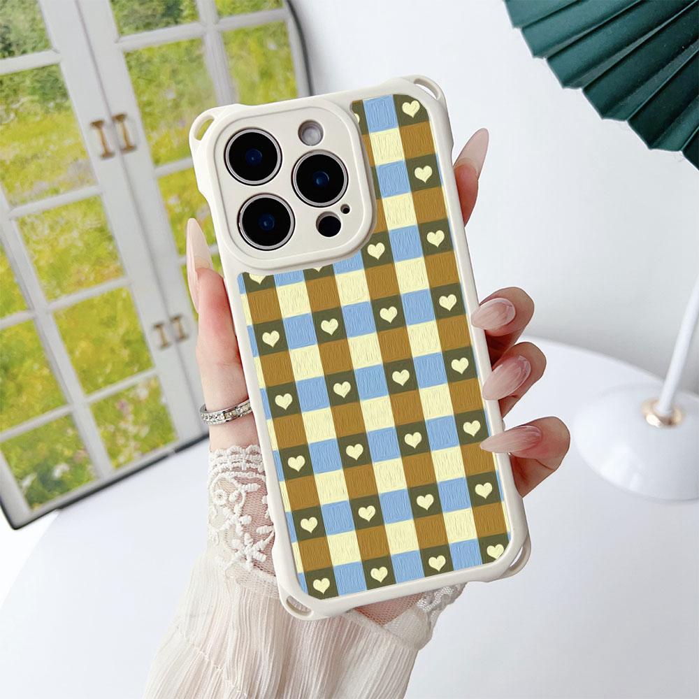 Cute Heart Colorful Grid Pattern TPU For Iphone 17 16 15 14 12 Phone Case Four Corner Anti Fall Protection Portable Hanging Rope