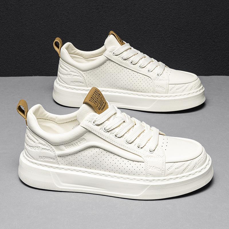 2025 summer new men's lightweight casual white shoes comfortable thick sole heightening hole punching board shoes casual shoes