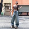 Autumn retro American worn design jeans women's loose drape high waist thin versatile wide leg floor pants