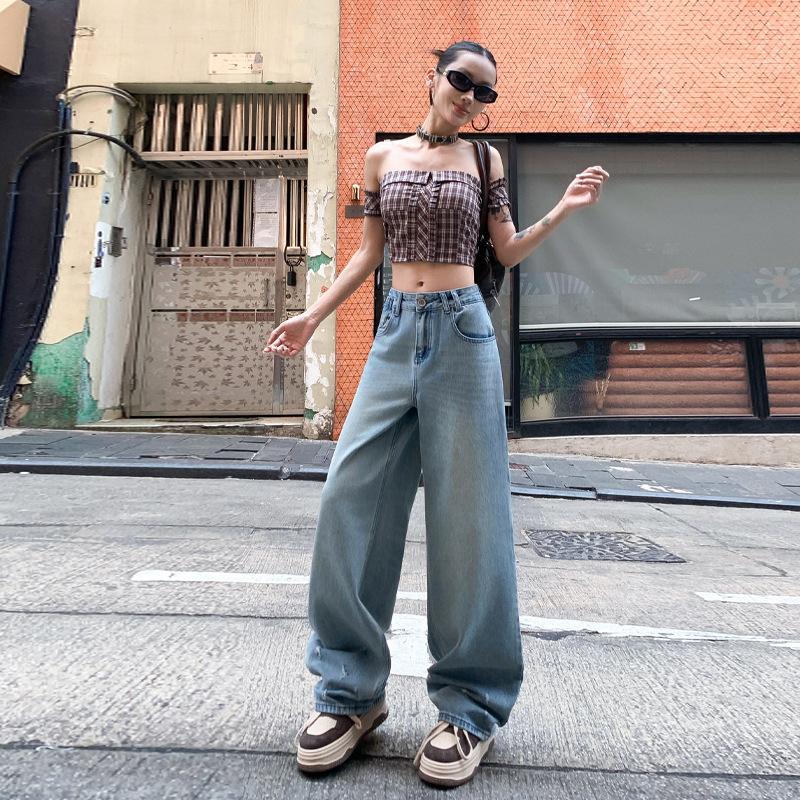 Autumn retro American worn design jeans women's loose drape high waist thin versatile wide leg floor pants