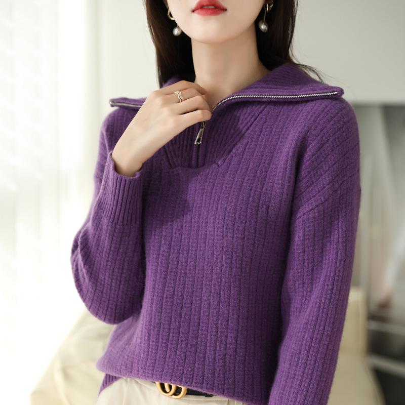 Women's 100% Pure Wool High-Neck Half-Zip Thickened Cashmere Sweater - Loose Knit Solid Color Pullover