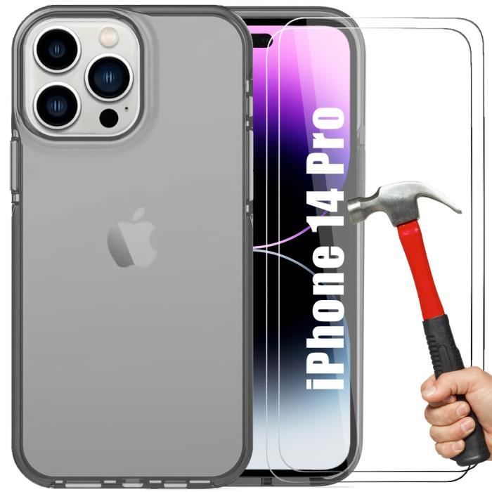 Coque Silicone - iPhone - 14 Pro - Gris Clair - Souple - 2 Vitres en Verre Trempé