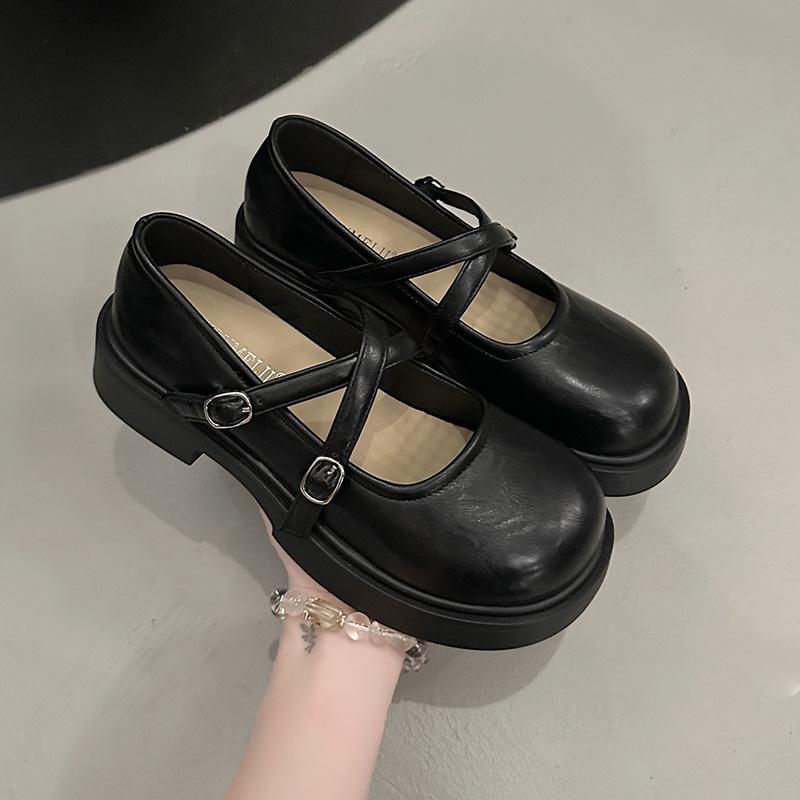 French cross Mary Jane small leather shoes women's retro round head inner heightening women's shoes autumn shallow mouth single shoes