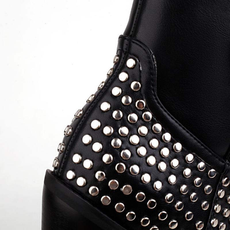 Fashion Brand Rhinestone/Rivet Color Blocking Western Short Boots Autumn Winter New 8cm Thick Heel Black Chelsea Women Boots Size 34-43