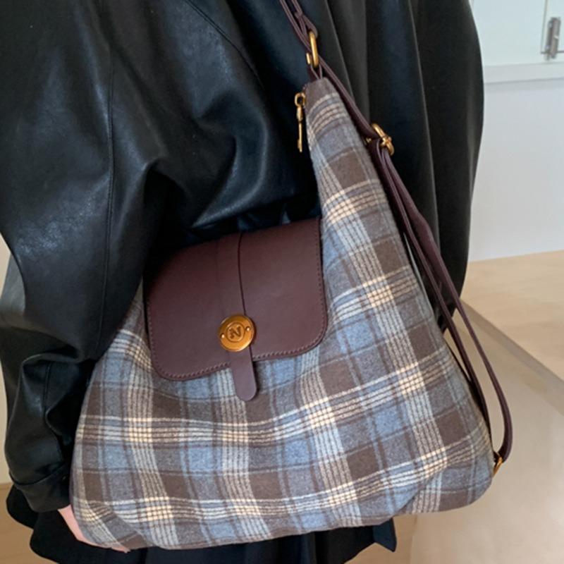 College Style Casual Woolen Plaid Backpack Bag Women's Autumn New College Style Shoulder Tote Bag
