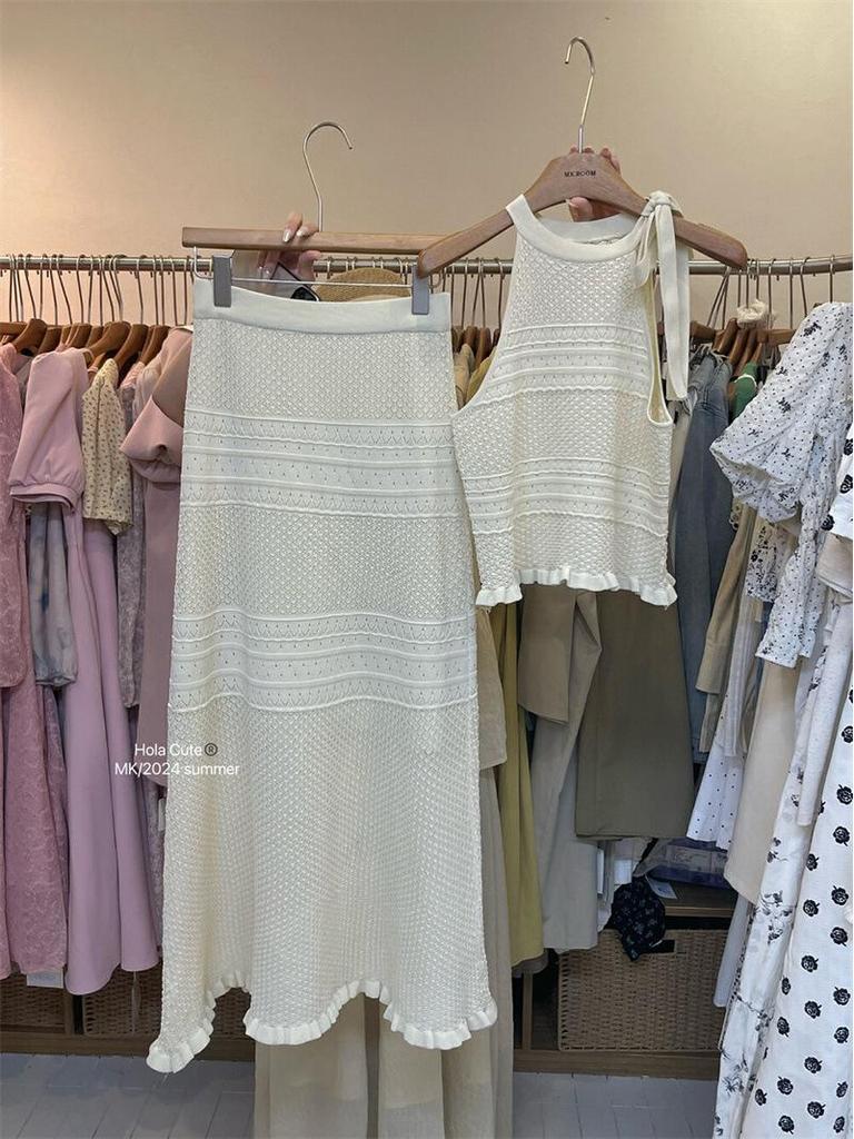 Summer French Fashion: Knitted Midi Skirt & Tie-Up Tank Top Ice Silk Two-Piece Dress