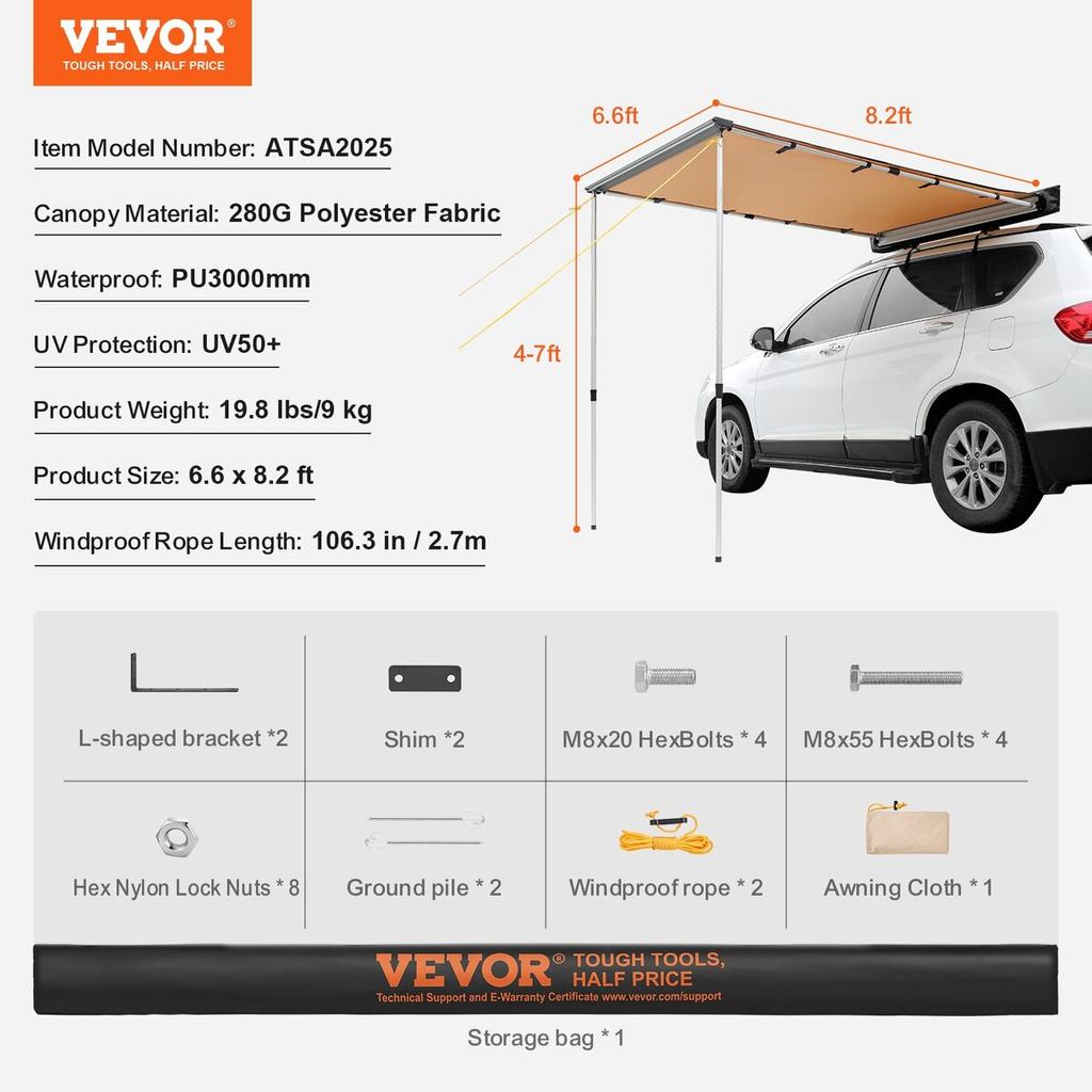 Car Side Awning, Large 6.6' x 8.2' Shade Coverage Vehicle Awning, PU3000mm UV50+ Retractable Car Awning with Waterproof Storage Bag, Height
