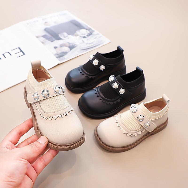 New Spring Autumn Girls Princess Shoes Soft Sole Pearl Decor Knit Casual Flats