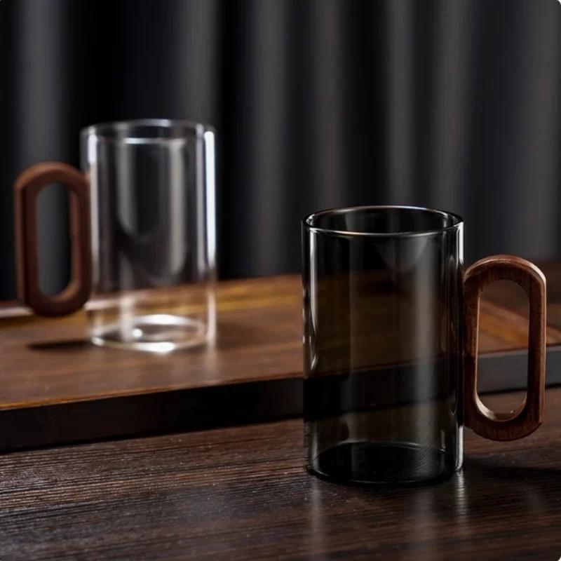 360ml Skleněné šálky na čaj z vysoce borosilikátového skla Žáruvzdorné Průhledné šálky na kávu Dřevěná rukojeť Šálek na pitnou vodu Domácí kancelářské nápojové sklo
