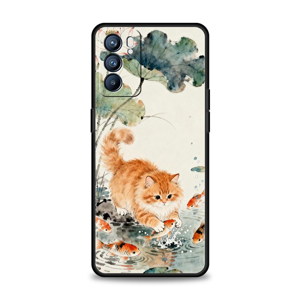 Cat Fishing Phone Case For Oppo Reno14 Reno13 Reno12 11 F 10 Find X5 X9 Pro A54 5G A53 A52 A9 A16 A78 4G A80 A98 Cover