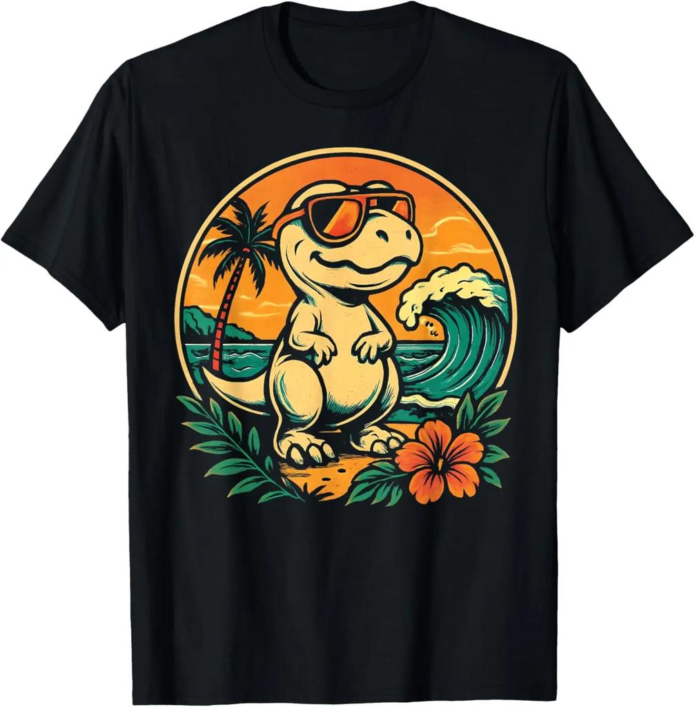 Men's Dinosaur and Tyrannosaurus Rex Pattern Printed 100% Pure Cotton Short-sleeved T-shirt, Retro and Nostalgic Harajuku Top