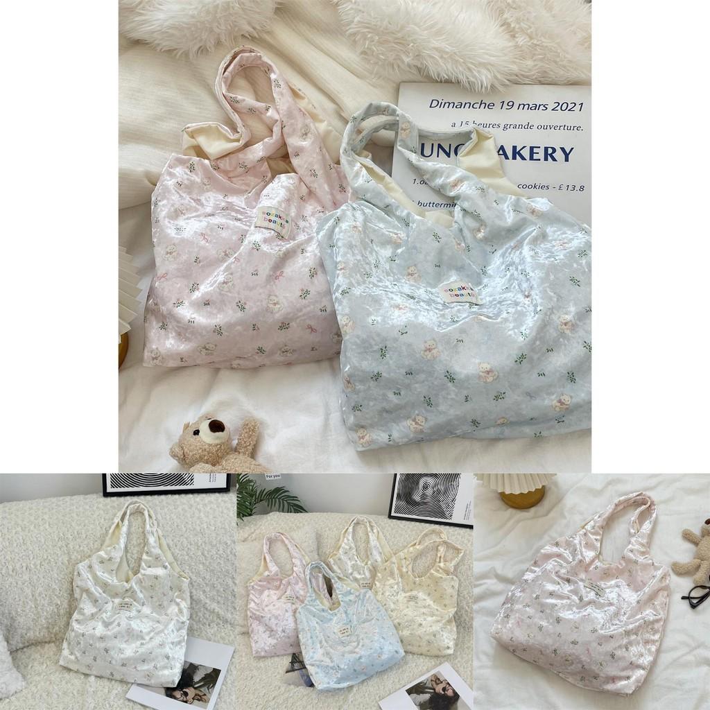 Trendy Soft Fabric Bear Print Silk Tote Bag Featuring Bow Accent For Women On The Go