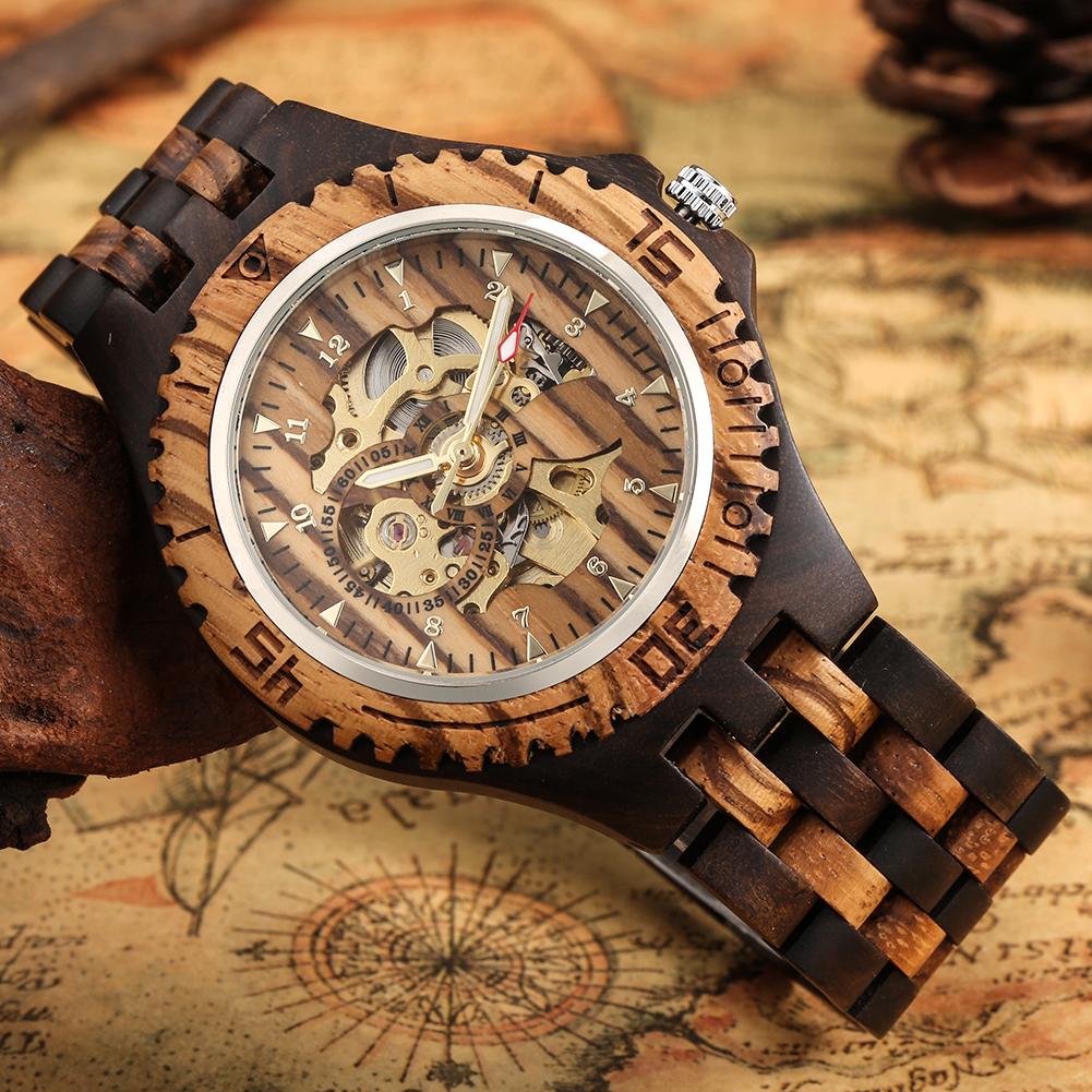Vollholz Automatik Herrenuhren Analog Arabische Ziffern Anzeige Holzarmband Armband Selbstaufziehend Herren Armbanduhr