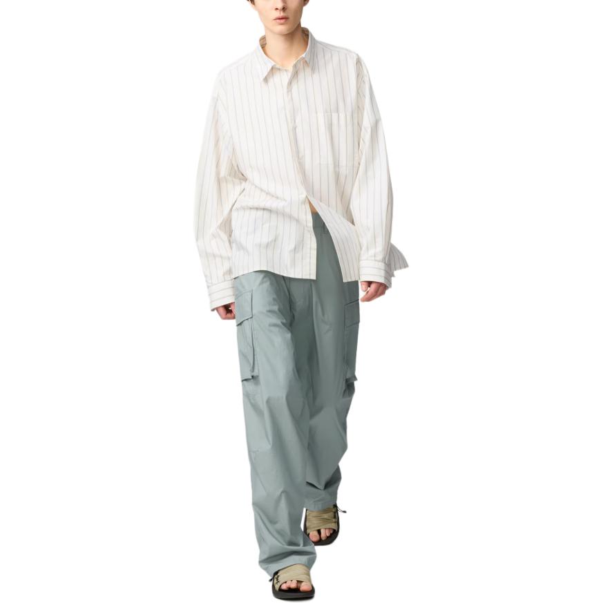 Uniqlo Proužkovaný límec Jedna kapsa Knoflíky Volná Ležérní Dlouhý rukáv Koš Unisex košile 476025-30