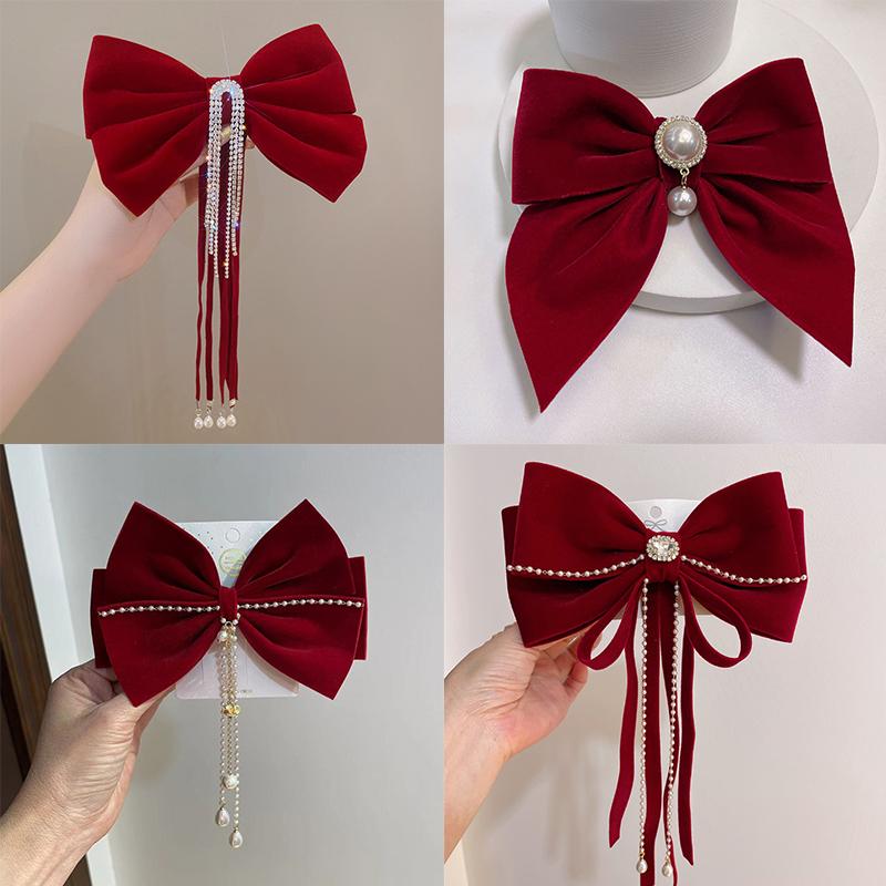 Red Bow Headdress For Ladies Sweet Hair Clip Bride Engagement Wedding Hairpin Spring Clip Fashion Hair Accessories Gifts