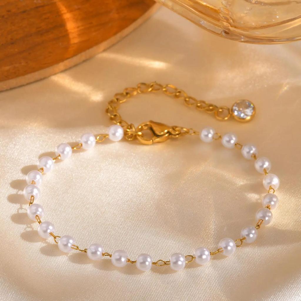 Fashion Imitation Pearl Bead Bracelet for Women Girl Stainless Steel Gold Color Bead Chain Bracelet Jewelry Gifts