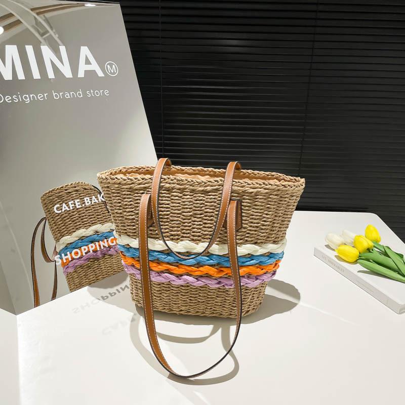 

Rainbow striped straw bag women s new beach vacation large capacity shoulder portable tote bag
