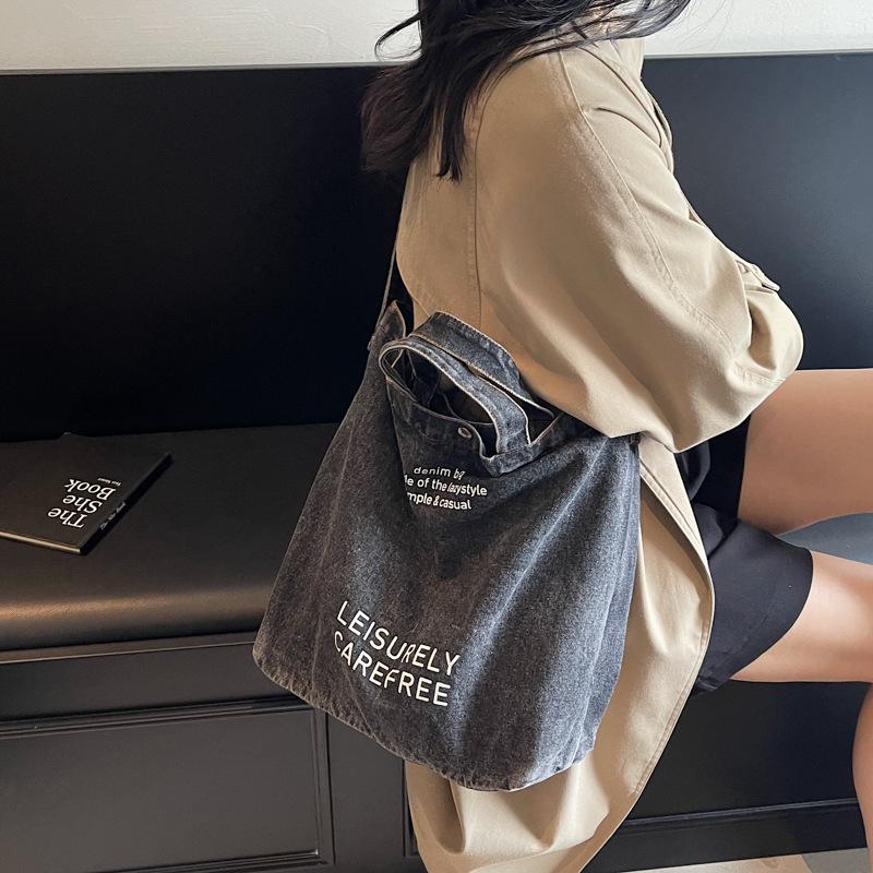 Korean Style Washed Denim Crossbody Tote – Large Capacity with Retro Letter Print (2025 Edition)