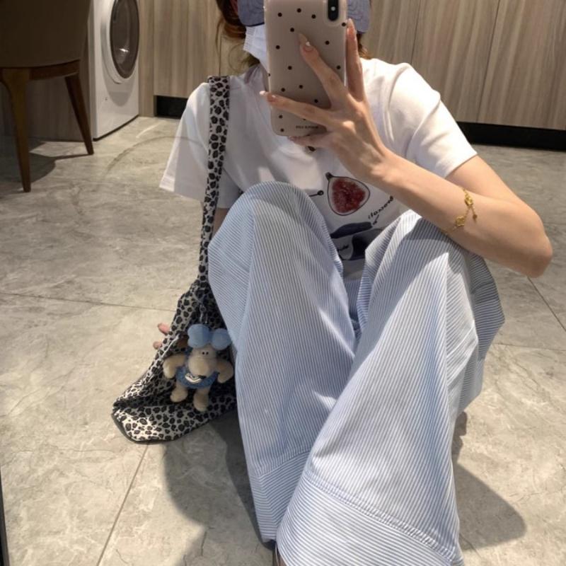 Women's Summer Thin Blue Vertical Stripe Wide-Leg Lounge Pants - Loose Drawstring Casual Cooling Trousers for Walking