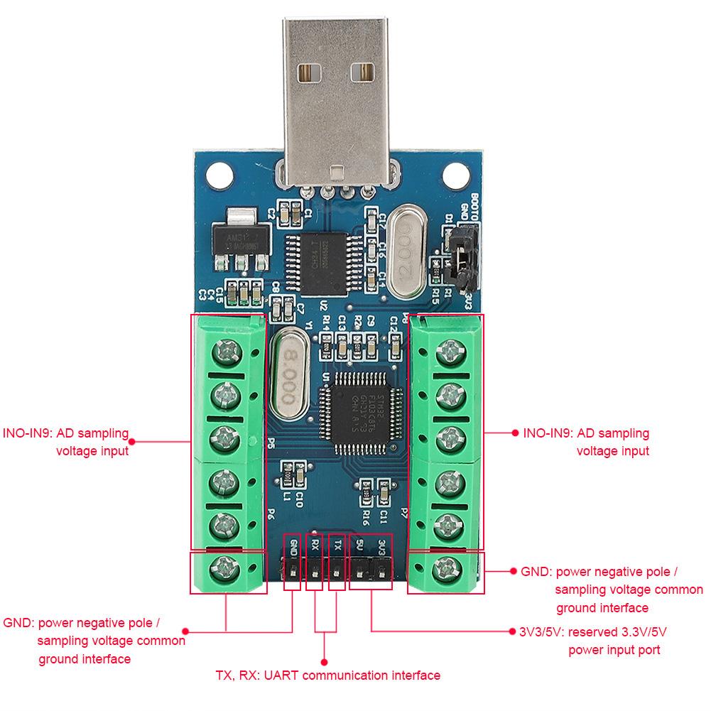 USB Interface 10 Channel 12Bit AD Sampling Data Acquisition STM32 UART Communication ADC Module