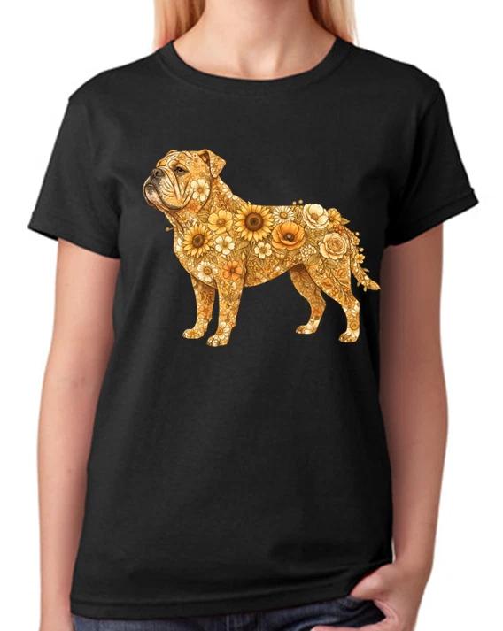 Floral Bulldog Animal Art Ladies T-Shirt Strong Dog Breed Tee L