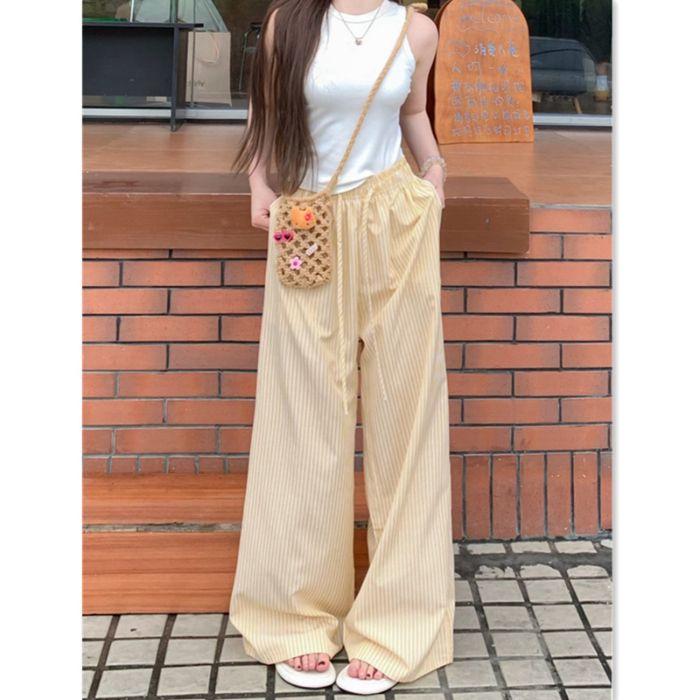 Unisex Blue Vertical Striped Casual Pants: Korean Summer Style, Floor-Length, Straight Wide-Leg, High-End Feel
