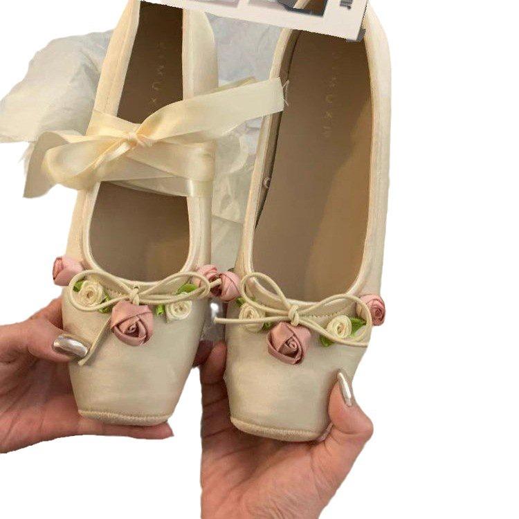 Fairy style shoes evening shoes 2024 early spring new pink Mary Jane women's shoes square head satin ballet shoes