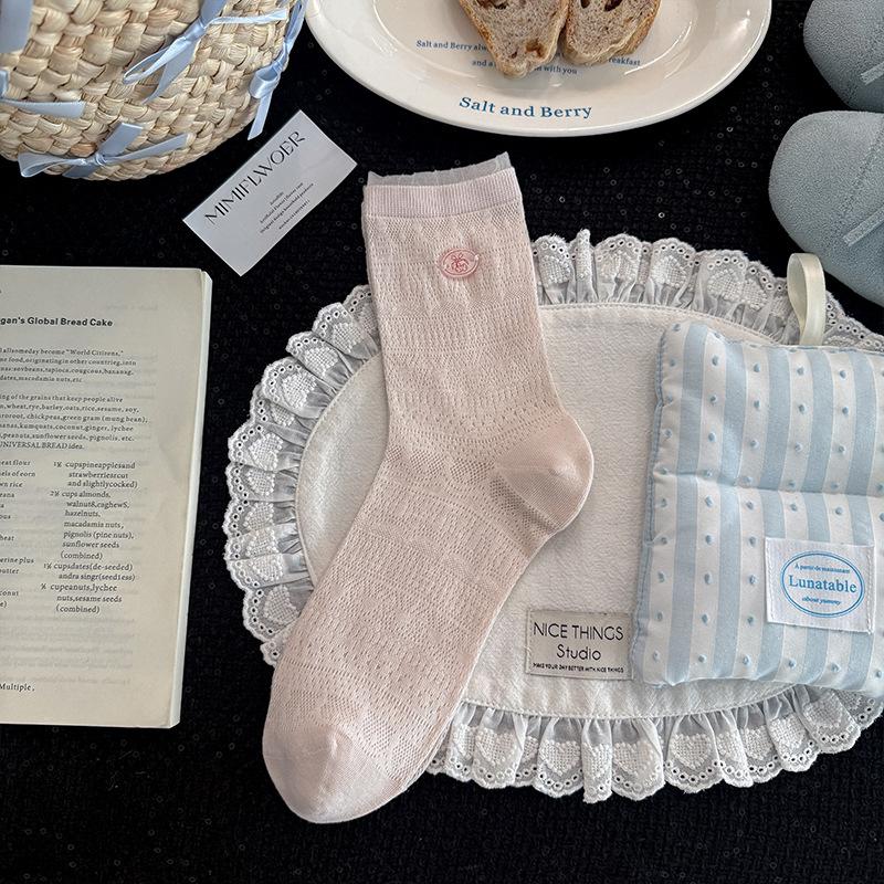 

Cherry Buttoned Socks - Children s Summer Lightweight Mesh Perforated Tube Socks with Sweet Lace Trim and Solid Color Pile-up Socks 1 pair розовый