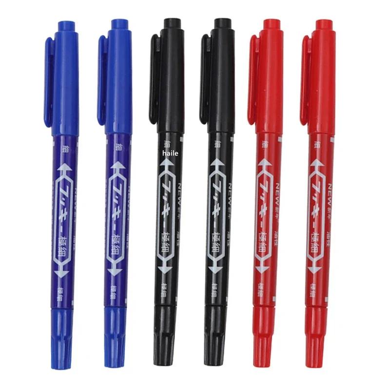 6 Pcs Permanent Waterproof Double-ended Marker Pen 0.5mm-1mm Fine Point Nib Marker Pen Red Black Blue Ink